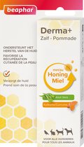 Beaphar Derma+ zalf voor dieren, met honing, aloë vera en kurkuma. Witte verpakking met gele honingraatprint.