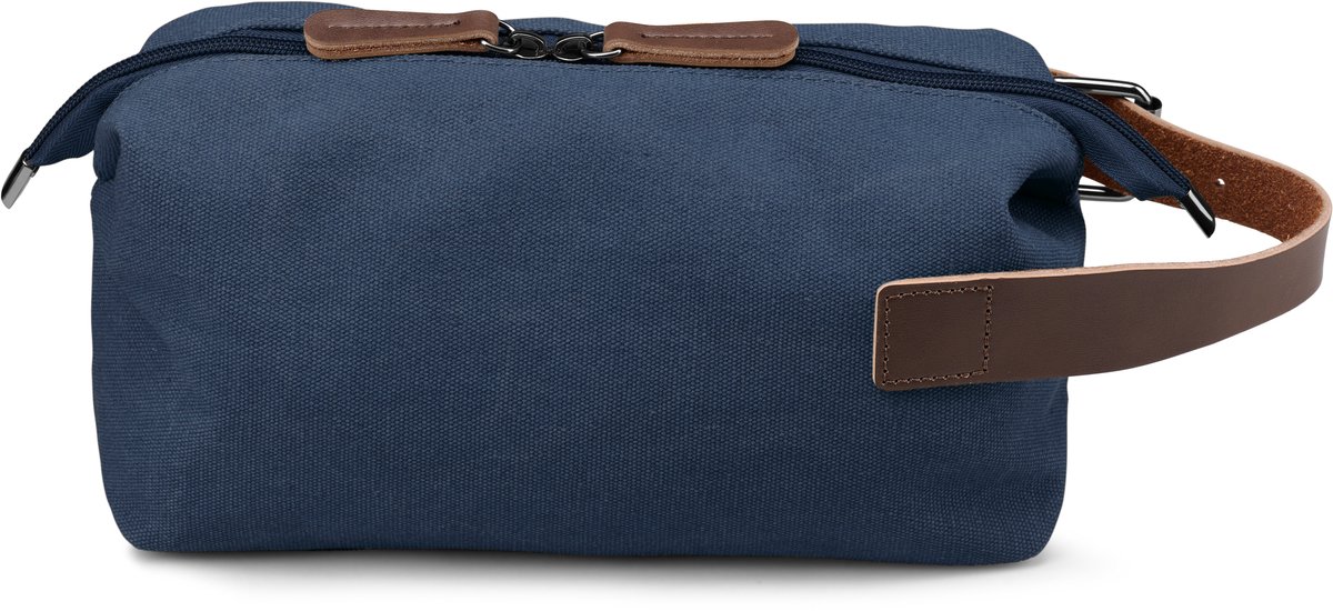 Toilettas van denimblauw canvas en bruin leer