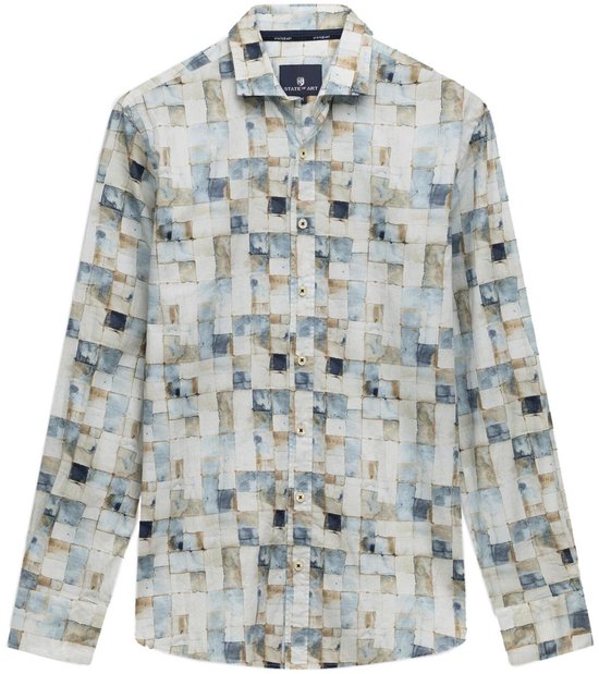 Langarmig overhemd met mozaïekprint van blauwe, beige en witte vierkanten, tentoongesteld op witte achtergrond.