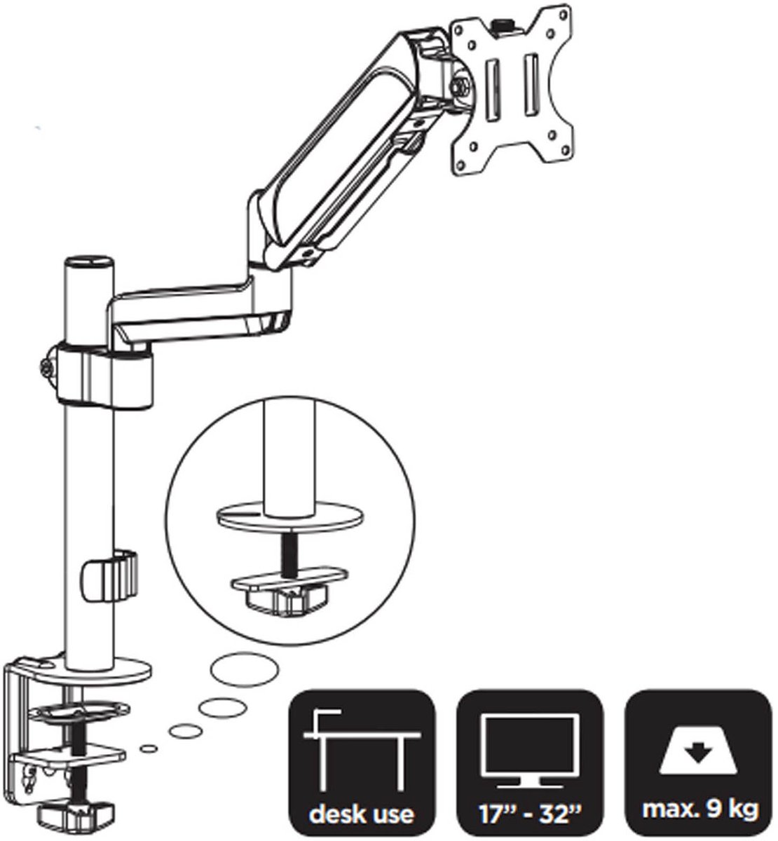 Gembird Verstelbare Bureau Monitorarm voor Enkele Monitor, 17–32 Inch, Tot 9 kg, 180° Rotatie Landschap/Portret, Kanteling 35°, 90° Zwenkbaar, VESA-compatibel, Kabelbeheer, Zwart thumbnail 3