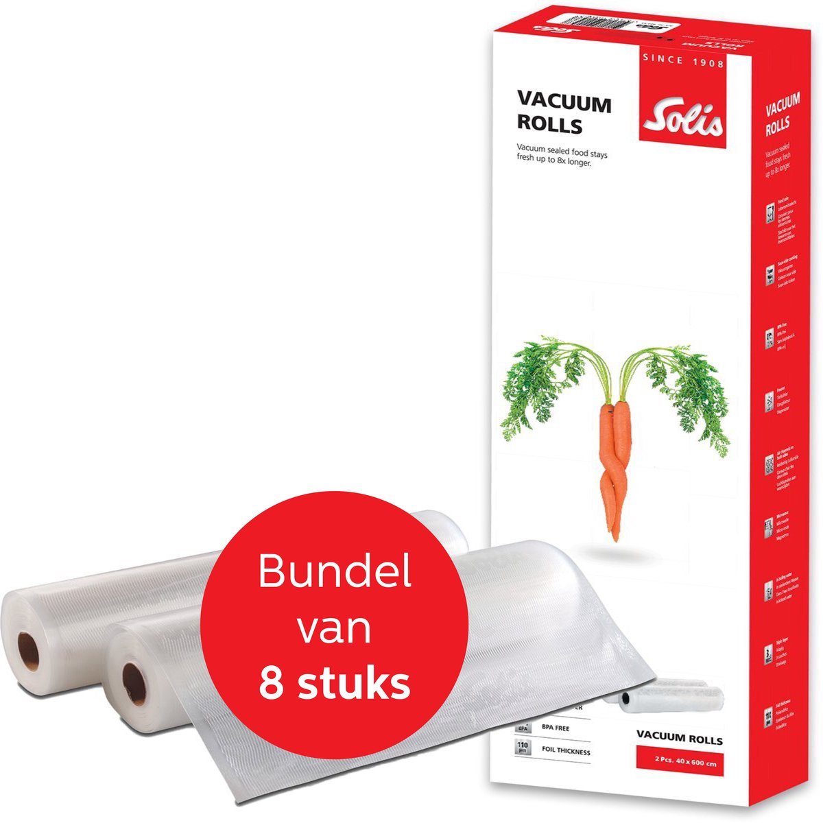 Solis Vacuumrollen 40 x 600 cm - Geschikt voor Diepvries, Magnetron en Sous Vide Koken - BPA-Vrij - Drielaags Vacuum Rollen - Vacuumfolie Rollen - voor Vac Prestige Maxi - 8 Rollen