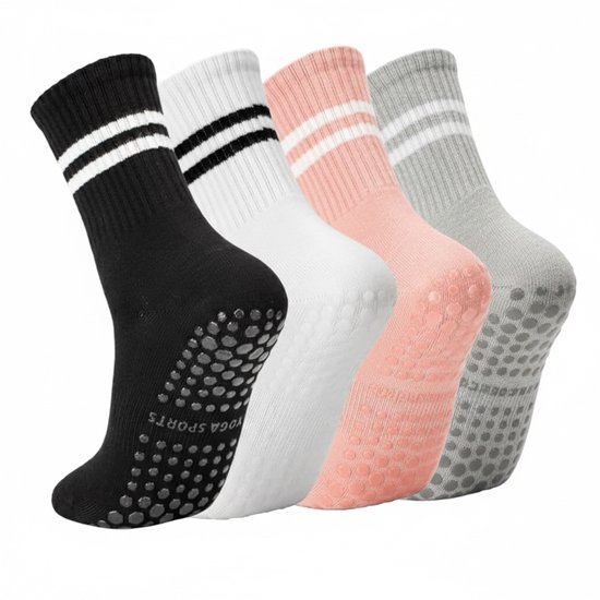 Chaussettes Pilates Antidérapantes Femmes - Chaussettes Yoga Hautes - Chaussettes à Grip pour Yoga / Pilates / Ballet - One Size - Set de 4 - Zwart, Grijs, Roze, Wit