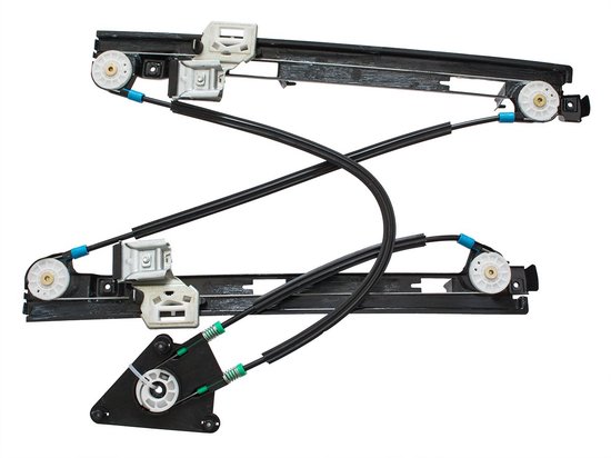 Elektrisch raammechanisme links voor, met zwarte kabels, witte rollen en blauwe en groene details.