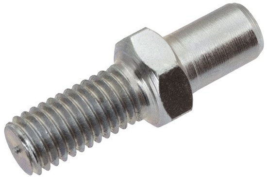 Zilverkleurige schroef met schroefdraad, een zeskantige kop en een gladde pen.