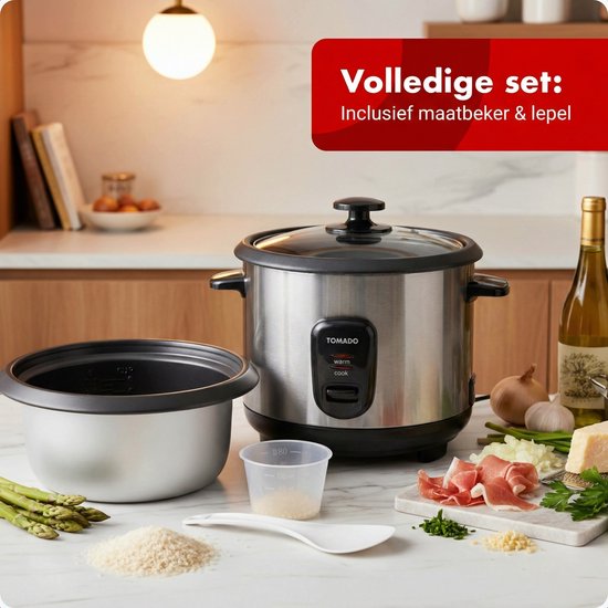 Tomado TRC1001S - Rijstkoker - Inhoud 1 liter - Warmhoudfunctie - 5 porties - Anti aanbaklaag - Rice cooker - Rvs