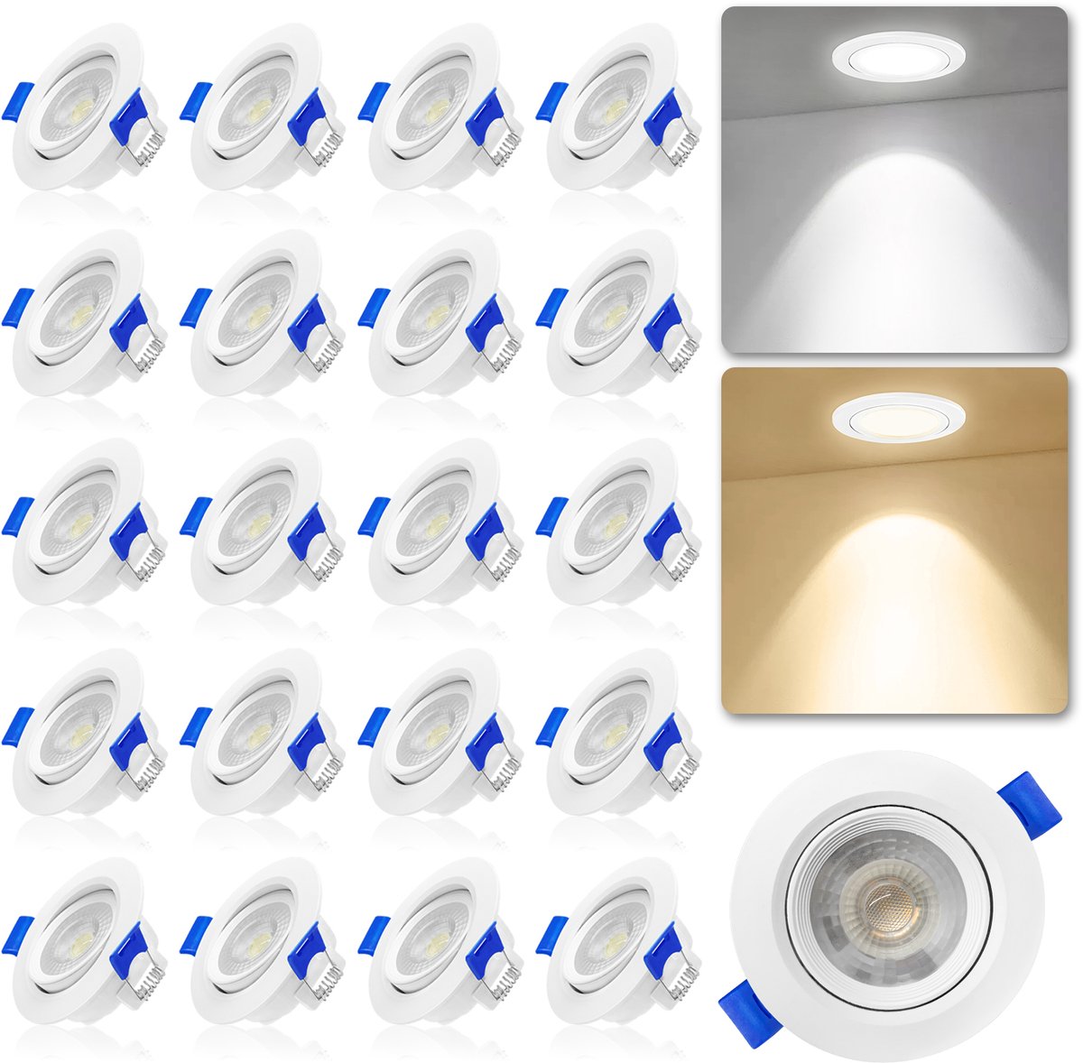 20x LED inbouwspots 5W LED-spots plafondspots gemaakt van ABS en kunststof, voor woonkamer, keuken, slaapkamer, hal, badkamer, warm wit NAIZY