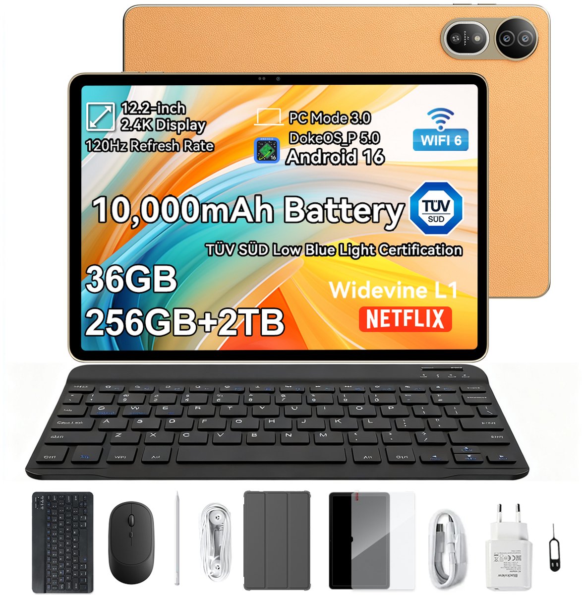 Blackview MEGA 12 - Tablet - Gaming Tablet - Android 16 - 12.2 inch - 36GB RAM - 256GB ROM - 5G Tablet - 10000mAh - Gouden