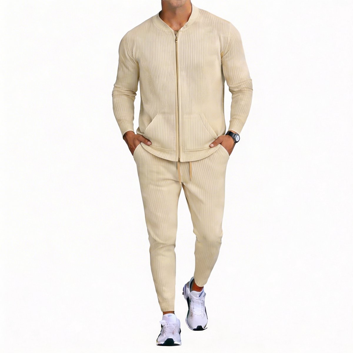 Kleding Set Heren Lounge - Sportief Zakelijk - Wit - Lange Broek - Vest - Trui