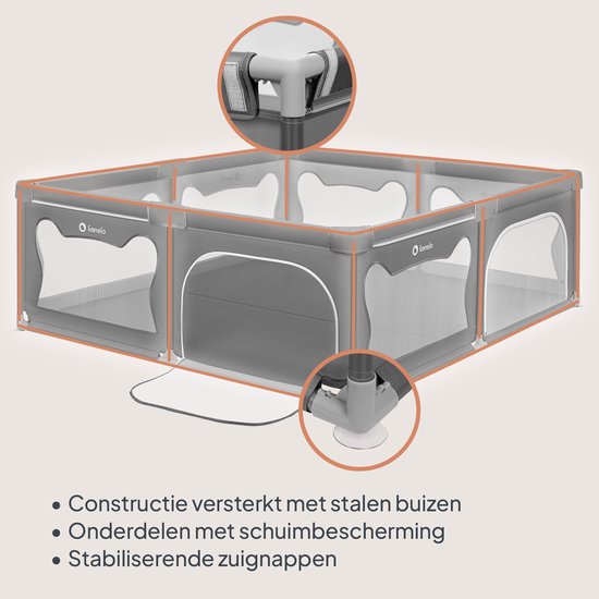 Grijze box met close-up details van hoeken en een lijst met productkenmerken.