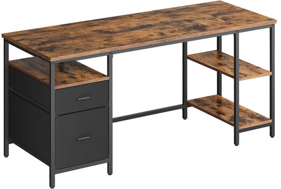 Computerbureau Bureau Schrijftafel Minimalistisch industrieel design Met verstelbare poten 3 planken en 2 lades Stevig duurzaam metalen frame Eenvoudig te monteren Geschikt voor thuiskantoor en studeerkamer 60x160x76cm Vintagebruin+Zwart