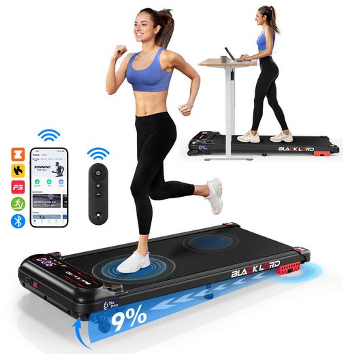 BLACK LORD X7-H - Walking Pad loopband - 3,0 PS EcoDrive™ motor - 15 km/h & 3 hellingsniveaus - Bluetooth app-bediening - 39 cm breed loopvlak - Inklapbaar voor onder het bureau