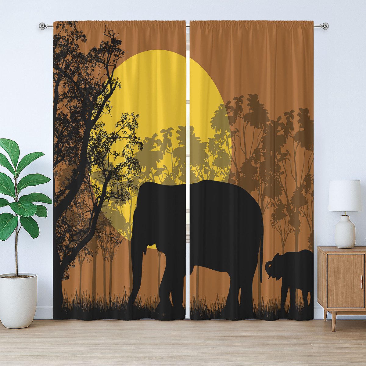 ABAKUHAUS Rustiek Gordijn met Olifanten, Dieren en Bomen, met Bandjes, Lussen en Haken voor de Woonkamer, 280 x 175 cm, Karamel Aardegeel