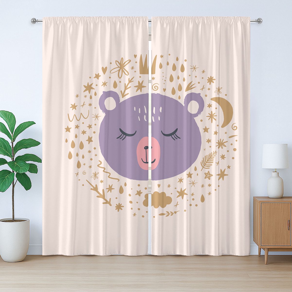 ABAKUHAUS Boho Hippie Rustiek Gordijn, Dierengezichtjes en Krabbels, voor de Slaapkamer met Lussen en Haken, 280 x 225 cm, Paars Zandbruin