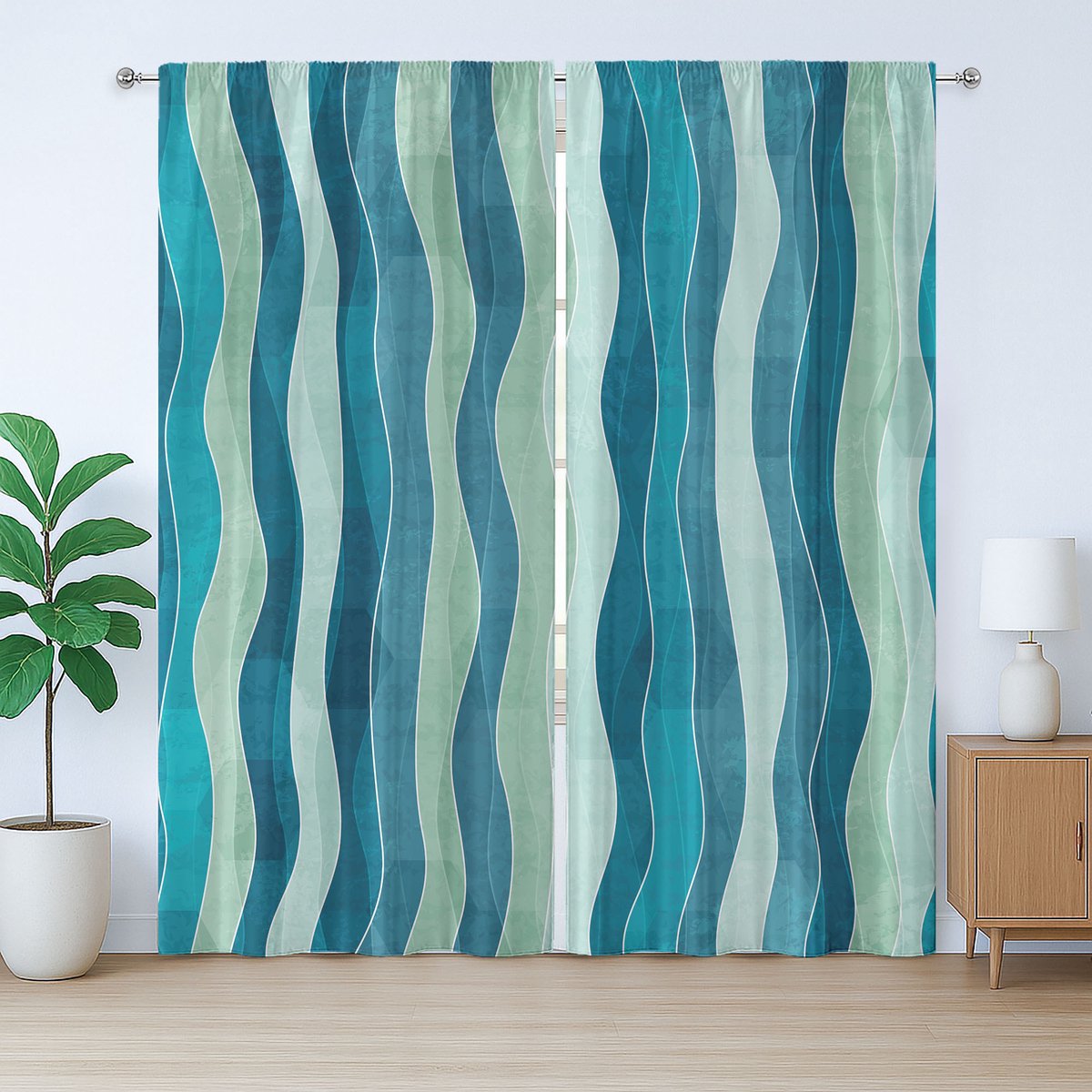 ABAKUHAUS Abstracte rustieke gordijnen, grunge golfpatroon, universele wandgordijnen met lussen en haken , 280 x 225 cm, blauw en amandelgroen