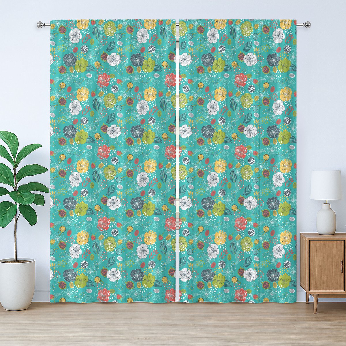 ABAKUHAUS Botanisch rustiek gordijn, lente bloemendesign, slaapkamergordijn met plooien, lussen en haken, 280 x 245 cm, wit groen geel