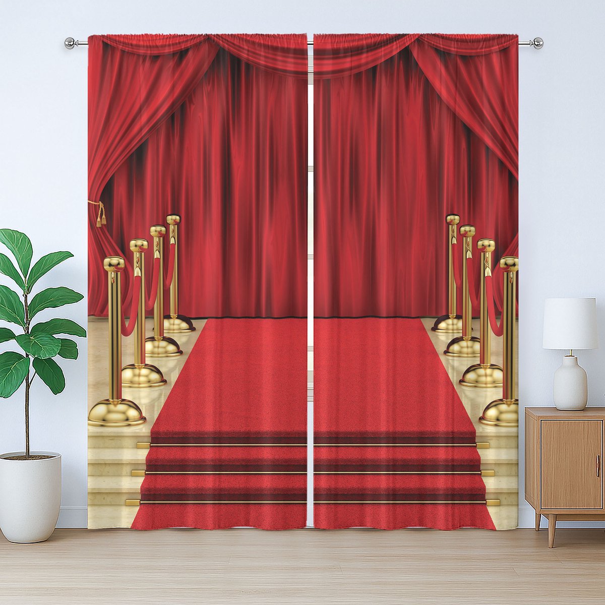 ABAKUHAUS Rustiek theatergordijn, tapijtgordijn voor gala, slaapkamergordijn met plooien en haken, 280 x 260 cm, rood en geel
