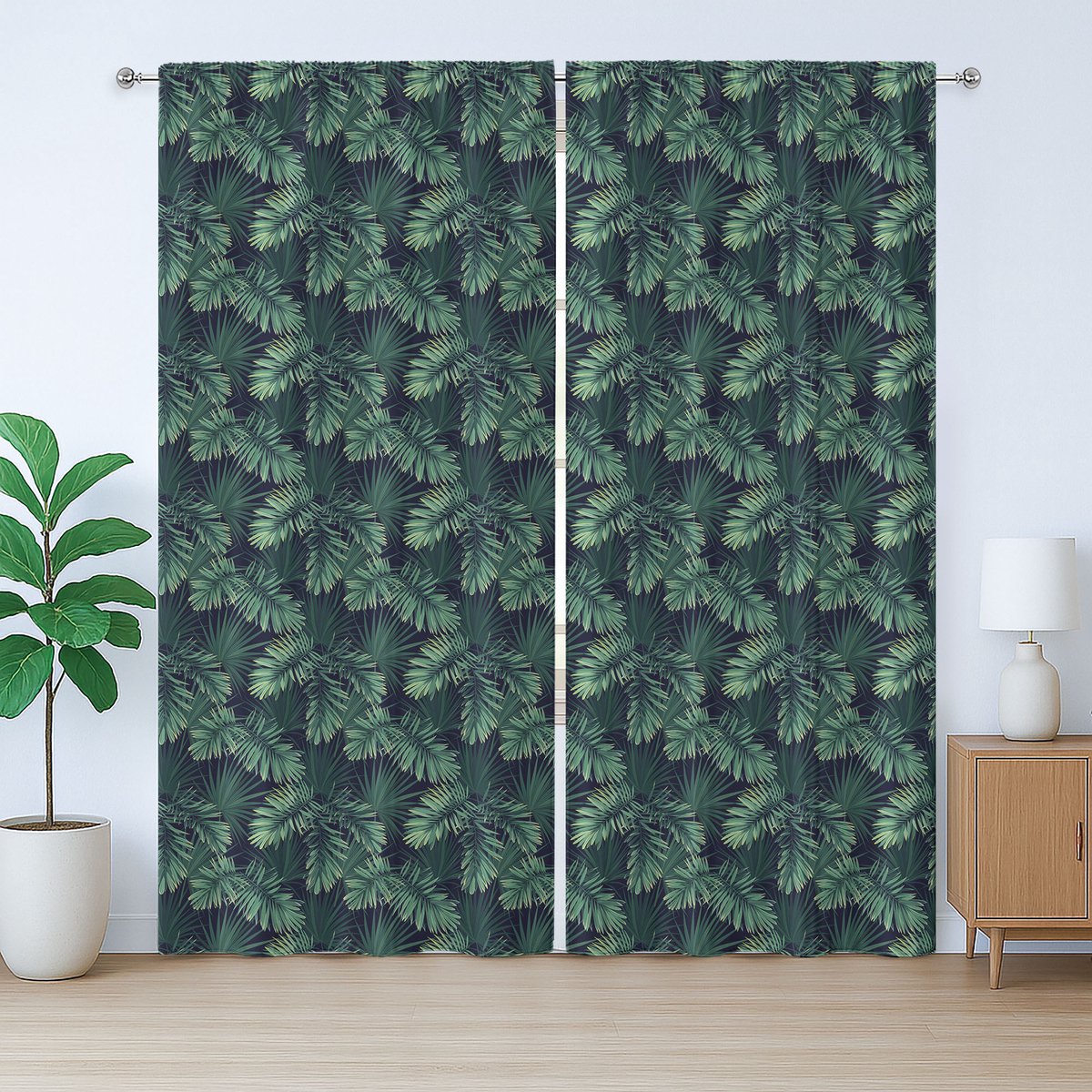 ABAKUHAUS Rustiek Palm Gordijn, Exotisch Junglebladpatroon, met Bandjes en Haken voor de Woonkamer, 280 x 245 cm, Jadegroen