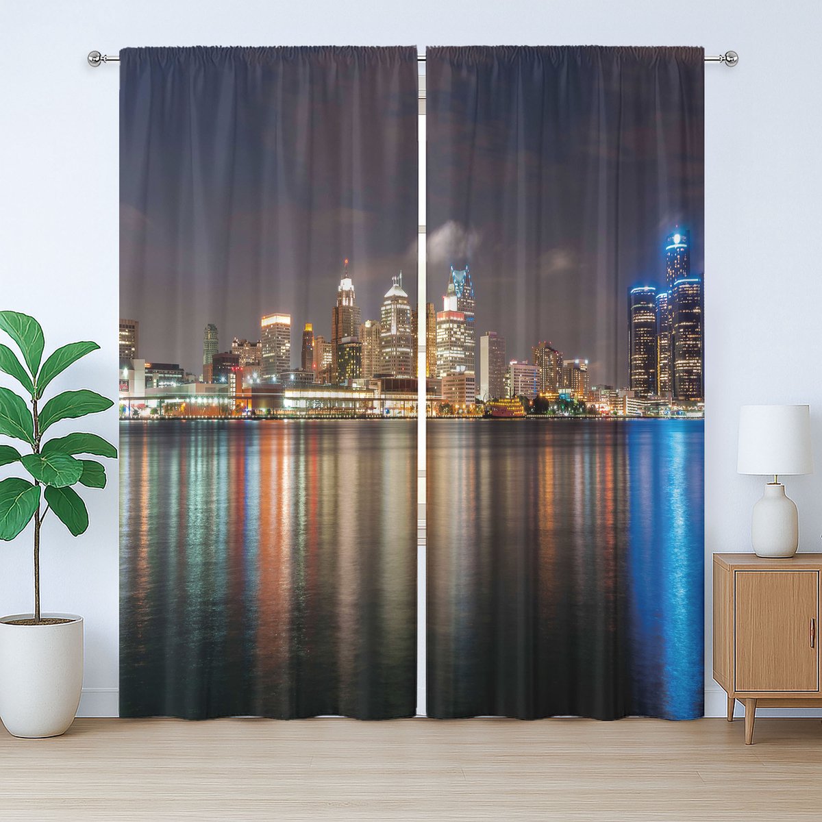 ABAKUHAUS Detroit Rustiek Gordijn, Stadsgezicht 's Nachts, met Bandjes, Lussen en Haken voor de Woonkamer, 280 x 175 cm, Multicolor