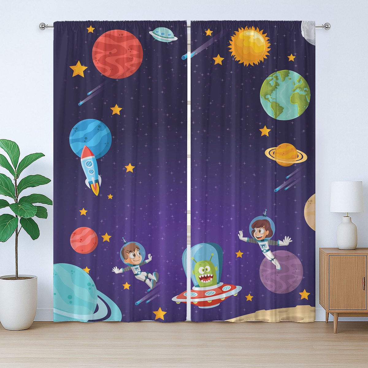 ABAKUHAUS Buitenlander Rustiek Gordijn, Astronaut Kinderruimte, met Bandjes en Lussen voor de Woonkamer, 280 x 175 cm, Indigo Meerkleurig