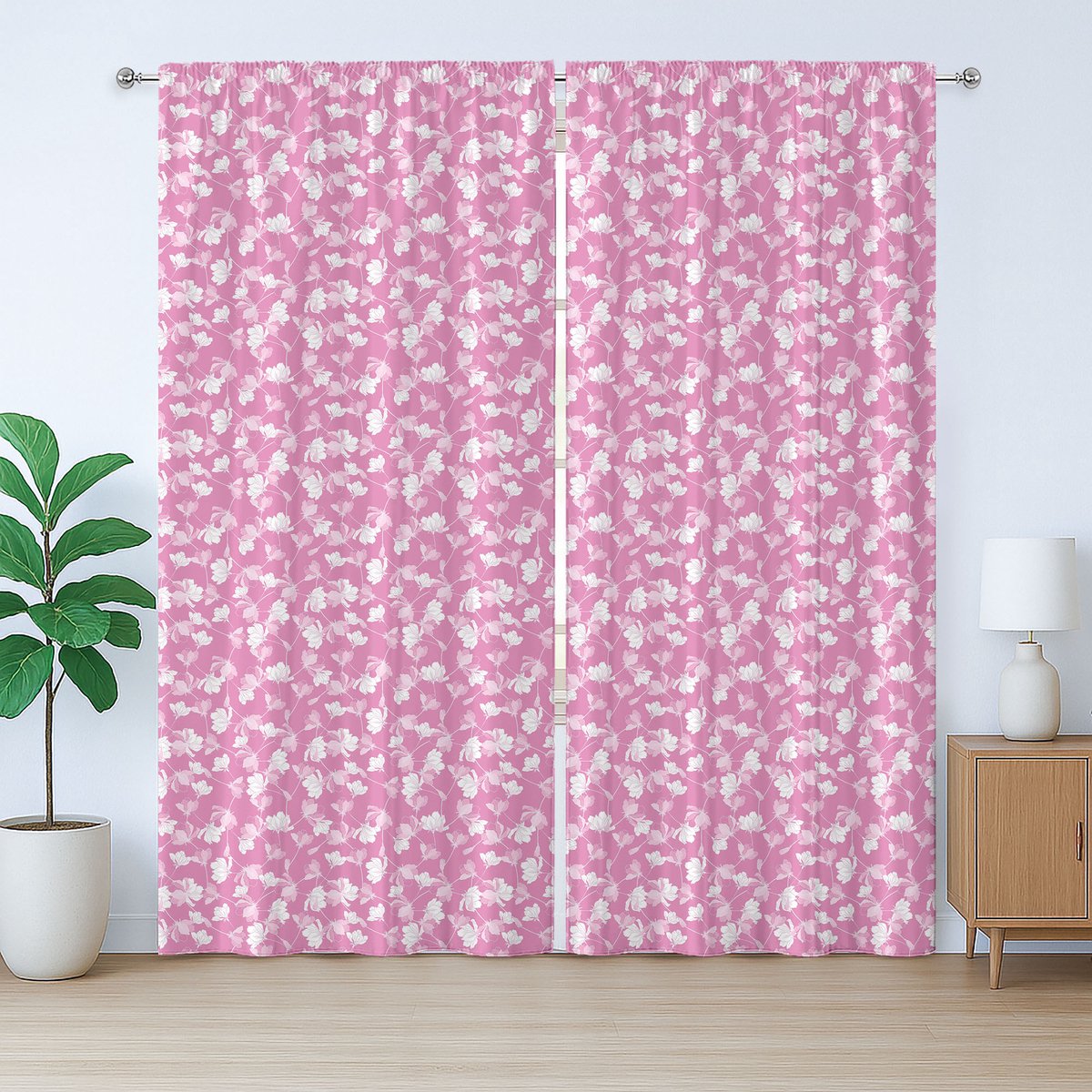 ABAKUHAUS Roze en witte rustieke gordijnen, appelbloesems, slaapkamergordijn met lussen en haken, 280 x 175 cm, roze en wit