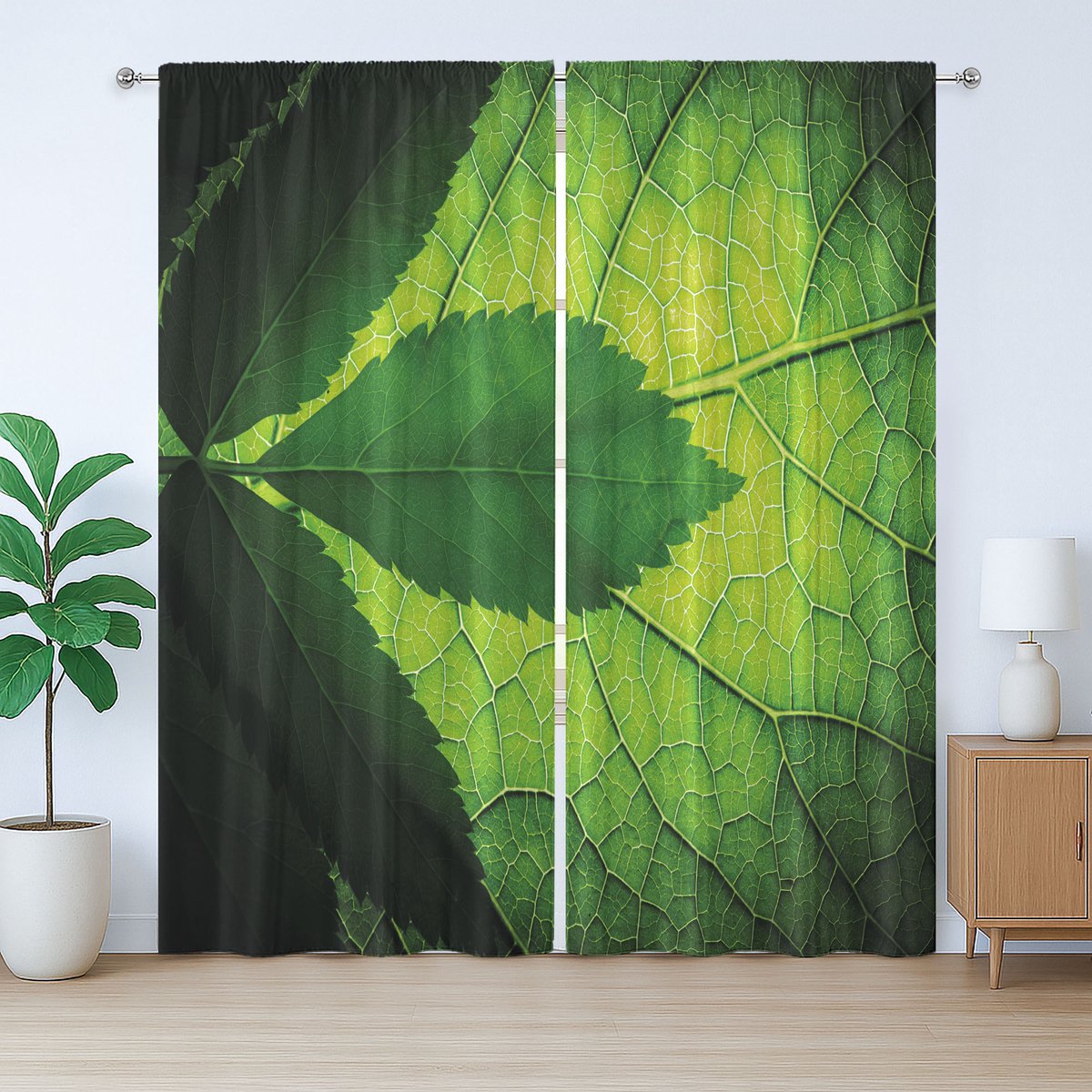 ABAKUHAUS Gordijn met rustieke bladeren, Braziliaans boombladmotief, met lussen en haken voor de woonkamer, 280 x 225 cm, olijfgroen en donkergroen