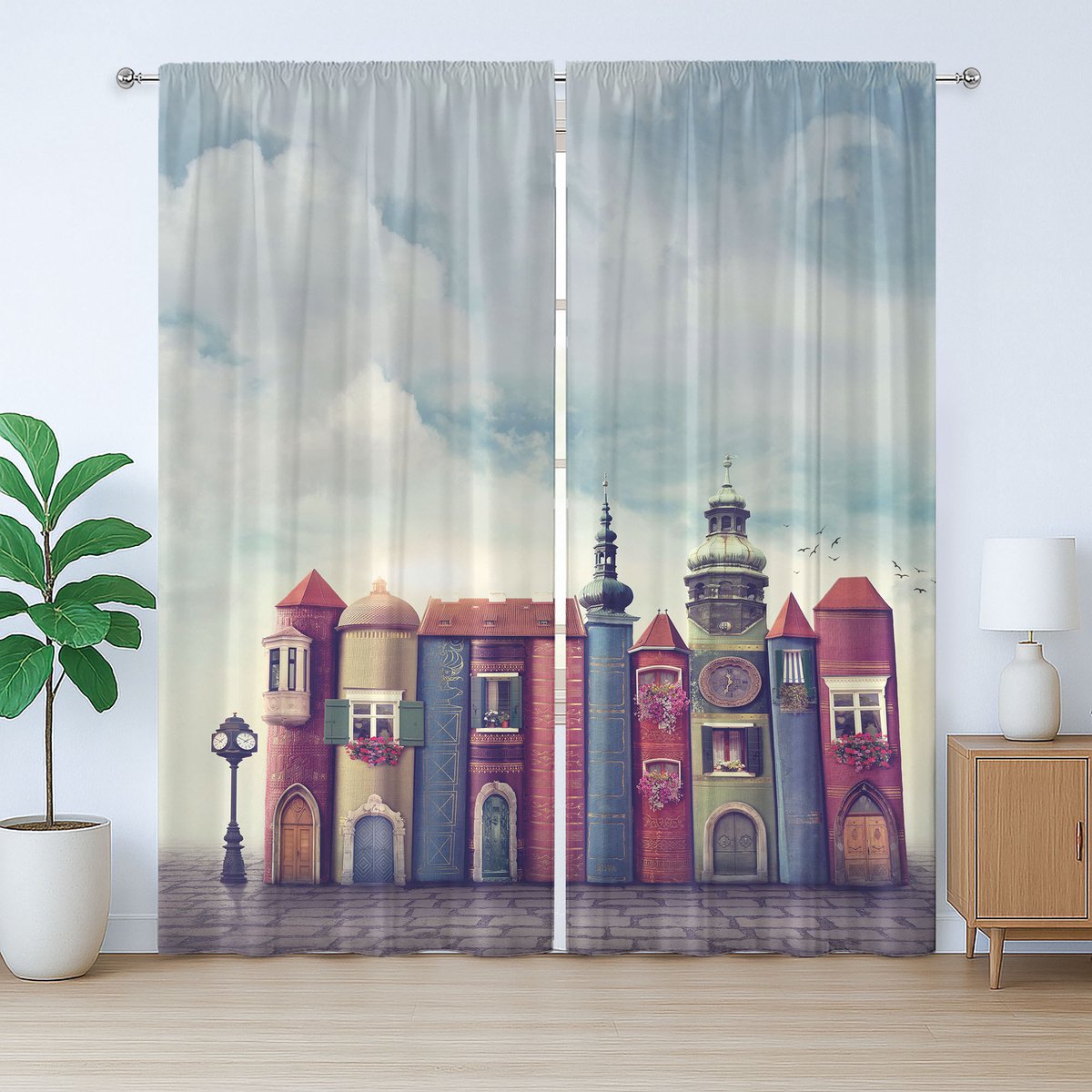 ABAKUHAUS Fantasy Rustiek Gordijn, Stad, Oude Boeken, Vogels, met Bandjes en Haakjes voor de Woonkamer, 280 x 175 cm, Rood en Blauw