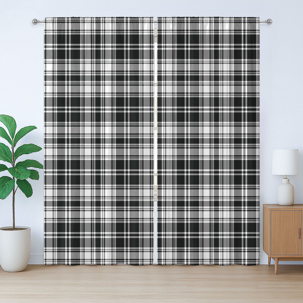 ABAKUHAUS Abstracte rustieke gordijnen, Brits tartanpatroon, universele gordijnen met lussen en haken voor de woonkamer, 280 x 245 cm, wit zwart