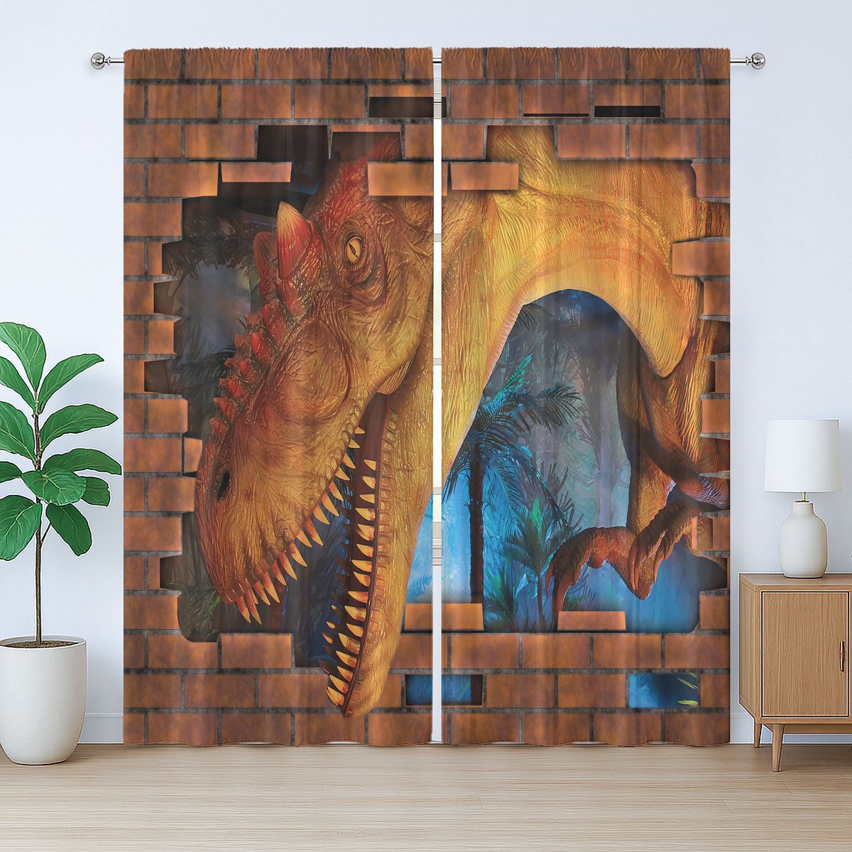 ABAKUHAUS Rustiek dinosaurusgordijn, Dino breekt bakstenen muur, geplooid slaapkamergordijn met lussen en haken, 280 x 225 cm, Oranjeblauw