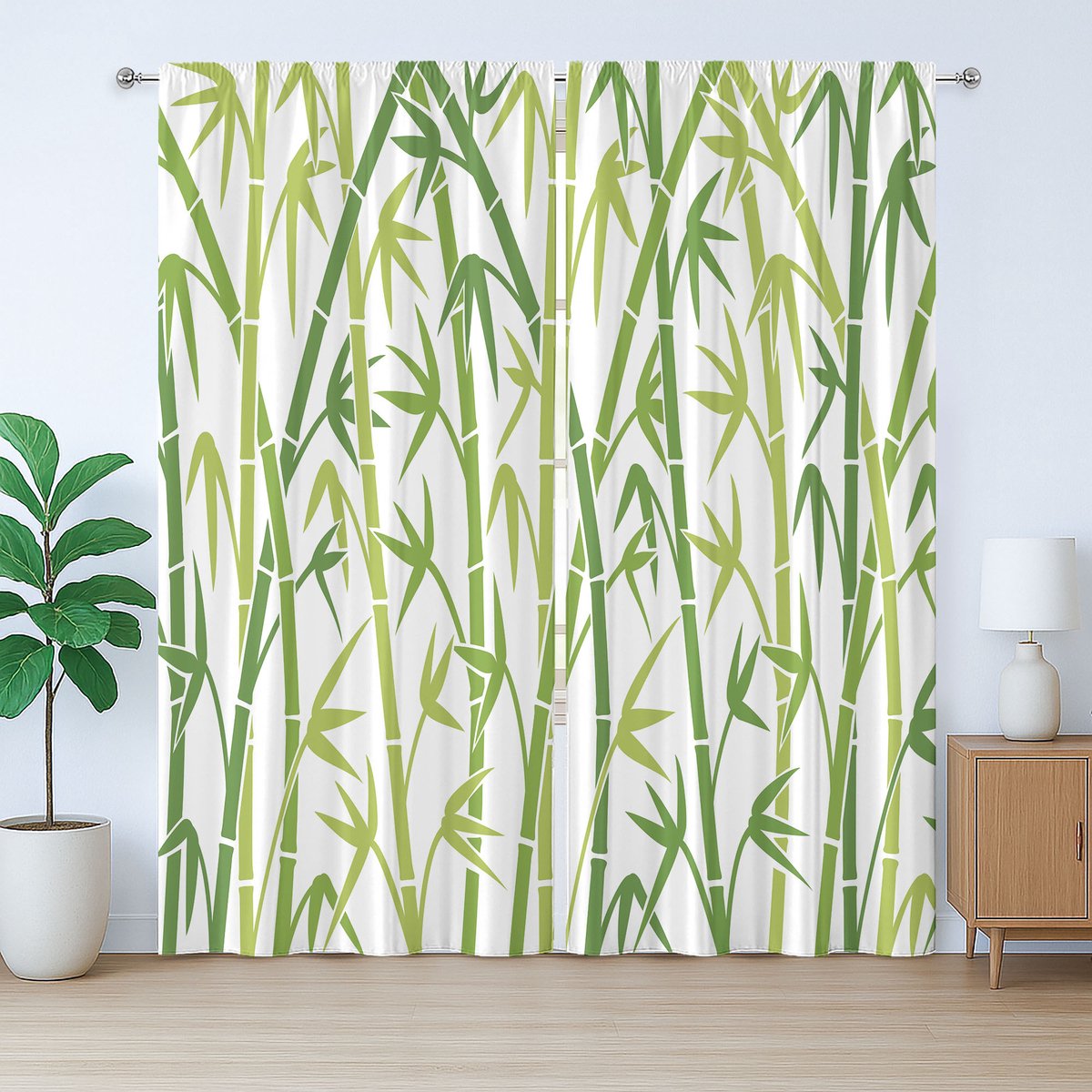 ABAKUHAUS Rustiek gordijn met Aziatische bladeren, cartoonstijl, bamboe, met lussen en haken voor de slaapkamer, 280 x 225 cm, groen en lichtgroen