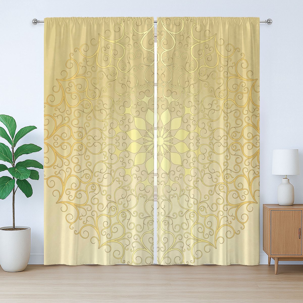 ABAKUHAUS Mandala Rustiek Gordijn, Antiek Hart, Slaapkamergordijn met Plooiing, Lussen en Haken, 280 x 225 cm, Lichtgeel
