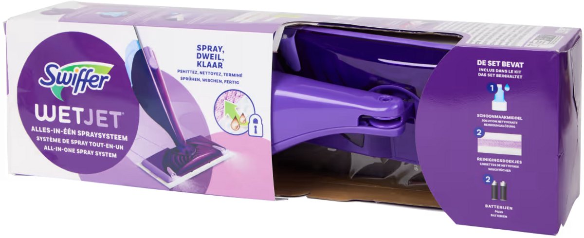 Swiffer WetJet startset met sproeimop, reinigingsmiddel, vijf doekjes en batterijen
