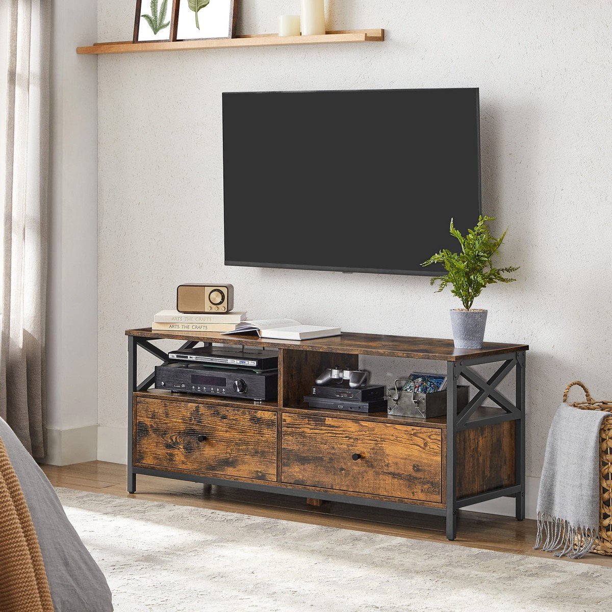 Rustieke TV-meubel met Stalen Frame - 2 Opbergkasten - 3 Planken - Verstelbare Poten - Geschikt voor Televisies tot 55 inch - 120 x 40 x 50 cm