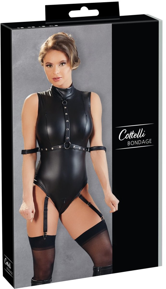 Cottelli Collection – Bondage Jarretel Set met Arm Boeien en Toegankelijk Kruis en Borsten voor Avontuurlijk Onderdanigheid – Maat XL - Zwart