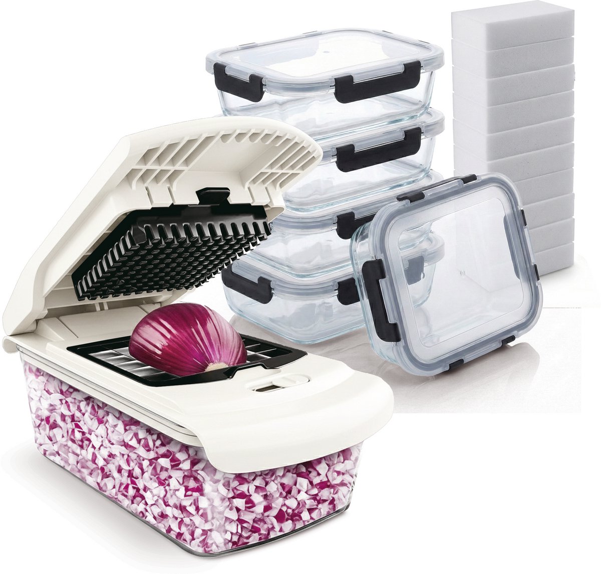BARDI 12 Delige Groentesnijder met Glazen Ovenschaal - Mandoline Keukensnijder - Groentensnijder Multifunctioneel - Uiensnijder - Anti-slip mat - Glas & RSV met 5 delige vershoudbakjes en 10 wondersponzen