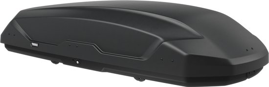 Zwarte Thule Pulse 2 L dakkoffer, gestileerd met gebogen lijnen, op een witte achtergrond.