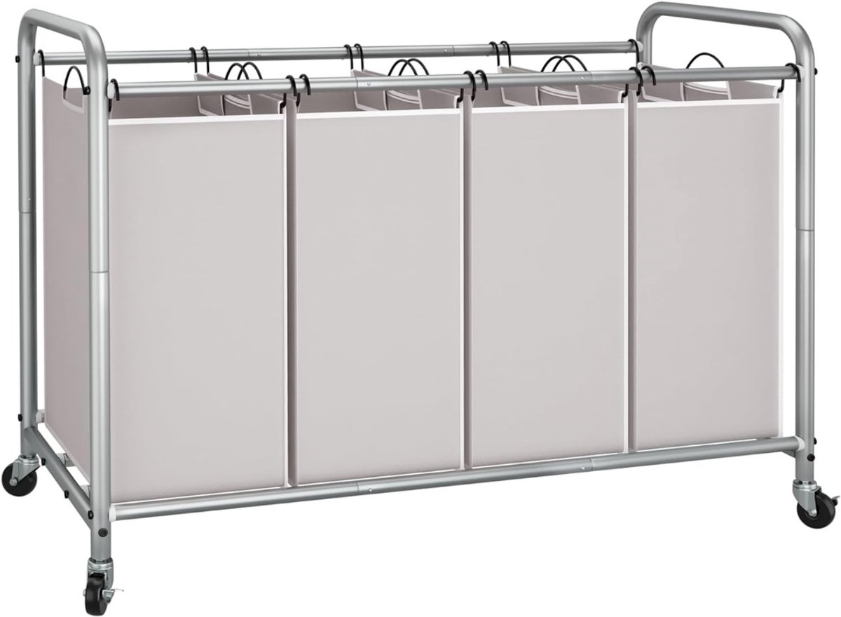 AMA® Wasmand 4 Vakken - Wassorteerder - Waszak - Bamboe Frame - Grijs - 100x43x80cm