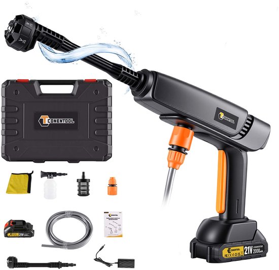 Draadloze hogedrukreiniger 550W 2000 PSI 21V accu 6-in-1 mondstuk auto terras tuin schoonmaak