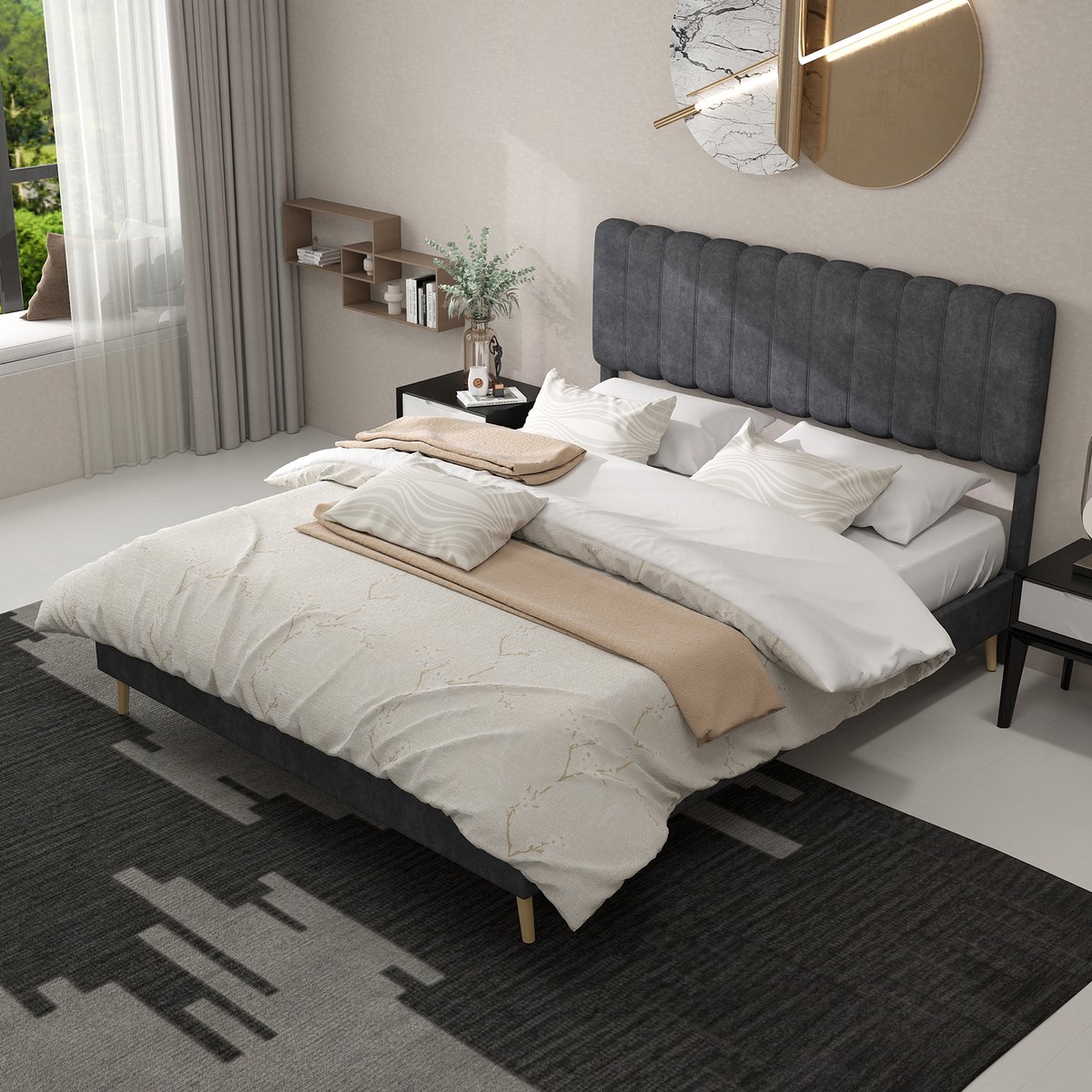 MODFU Bedframe 160x200 cm – Velours met gestoffeerd hoofdbord – Laag profiel – Grijs