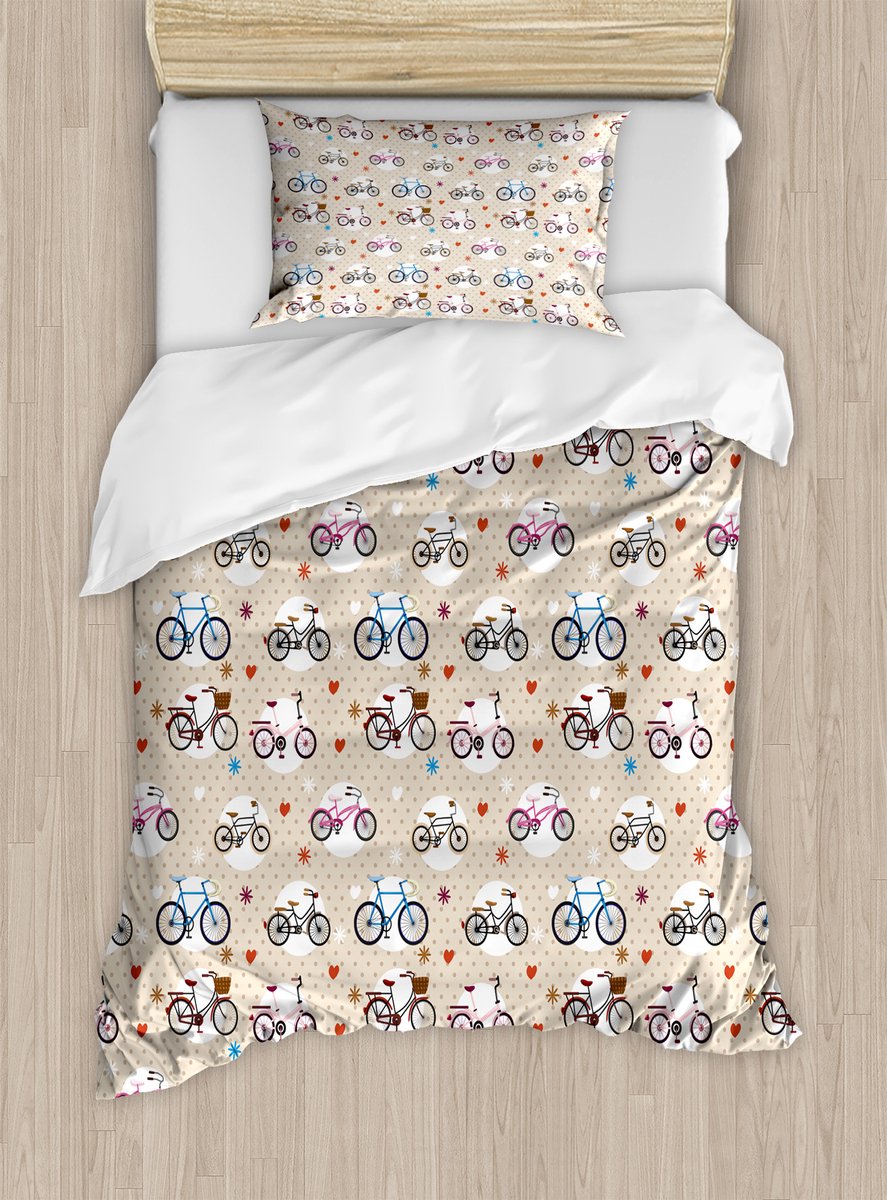 ABAKUHAUS Cartoon Dekbedovertrekset voor eenpersoonsbedden, Fiets, Hart en Stippen, inclusief kussensloop, 130 x 200 cm