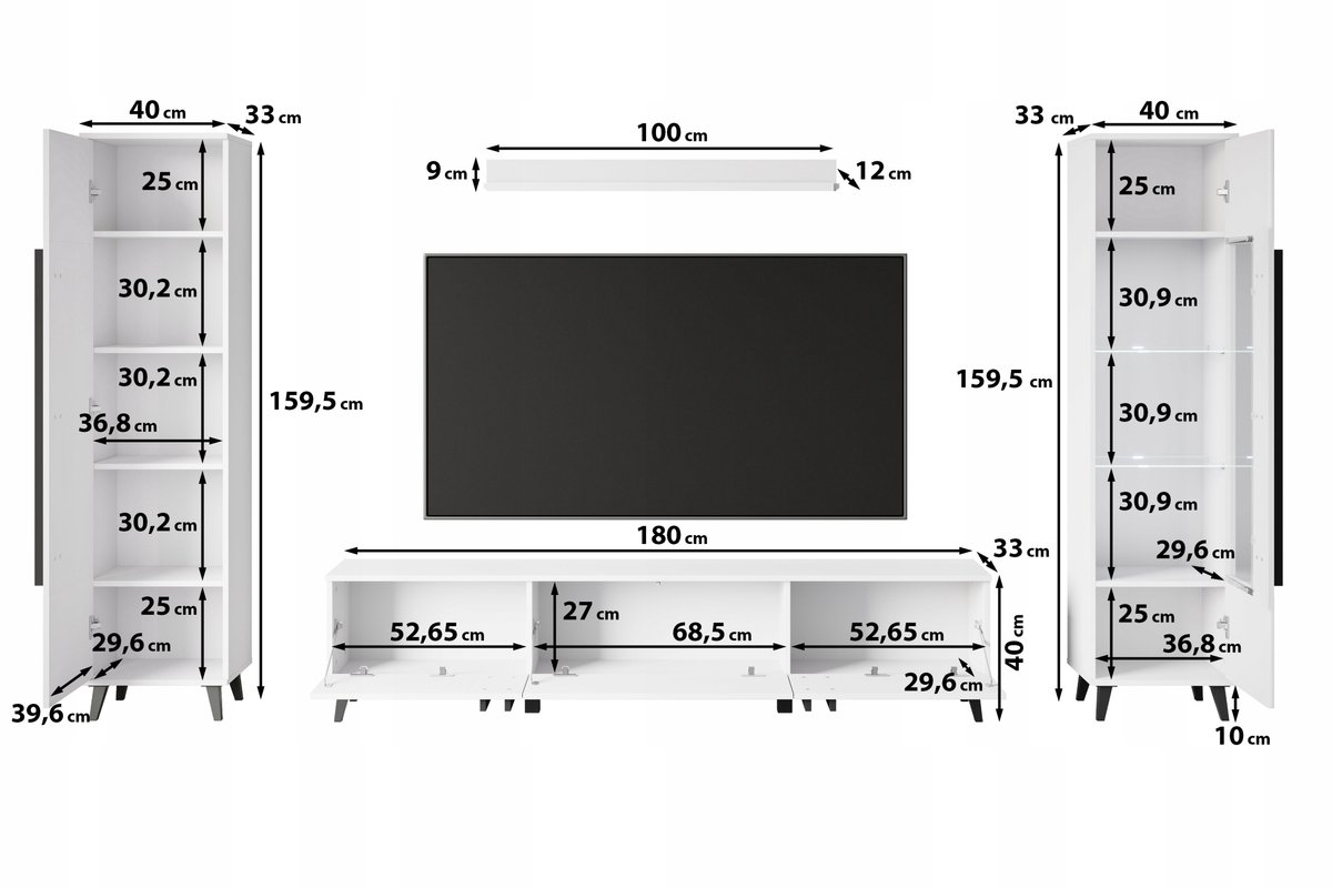 Modern Wandmeubel op Pootjes - 4-delige Set - 180 cm TV-kast, Vitrinekast & Boekenkast - ARTISAN EIKEN & Zwart - Inclusief LED