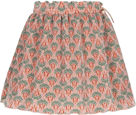 Plissérok met strikceintuur en een all-over print van groene en oranje kroontjes op een roze achtergrond.