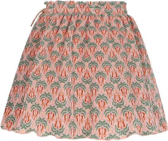 Lichtroze plooirok met een groen-oranje hartjesprint en trekkoordje.