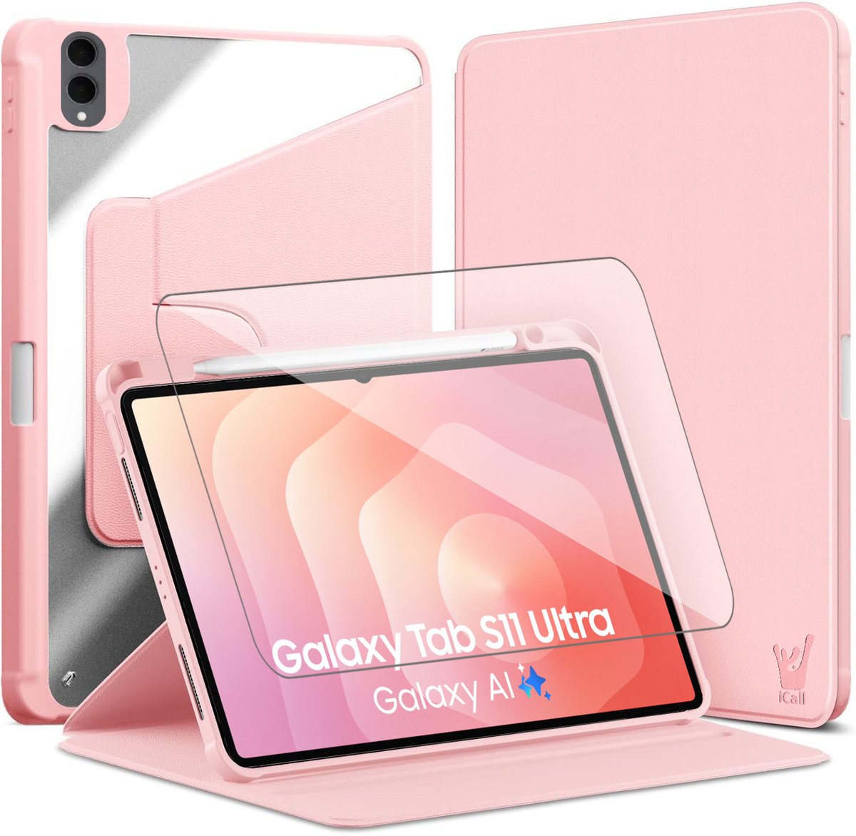 Hoes en Screenprotector geschikt voor Samsung Galaxy Tab S11 Ultra 11 14.6 inch – 360° draaibaar – Met pencil houder – Roze
