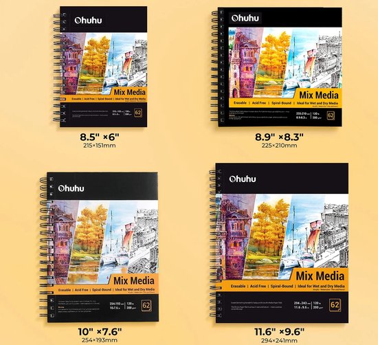 Vier schetsboeken met 'Mix Media' kaft in verschillende maten. De kaften tonen landschapsschilderijen, met spiraalbinding en 200 gsm papier.