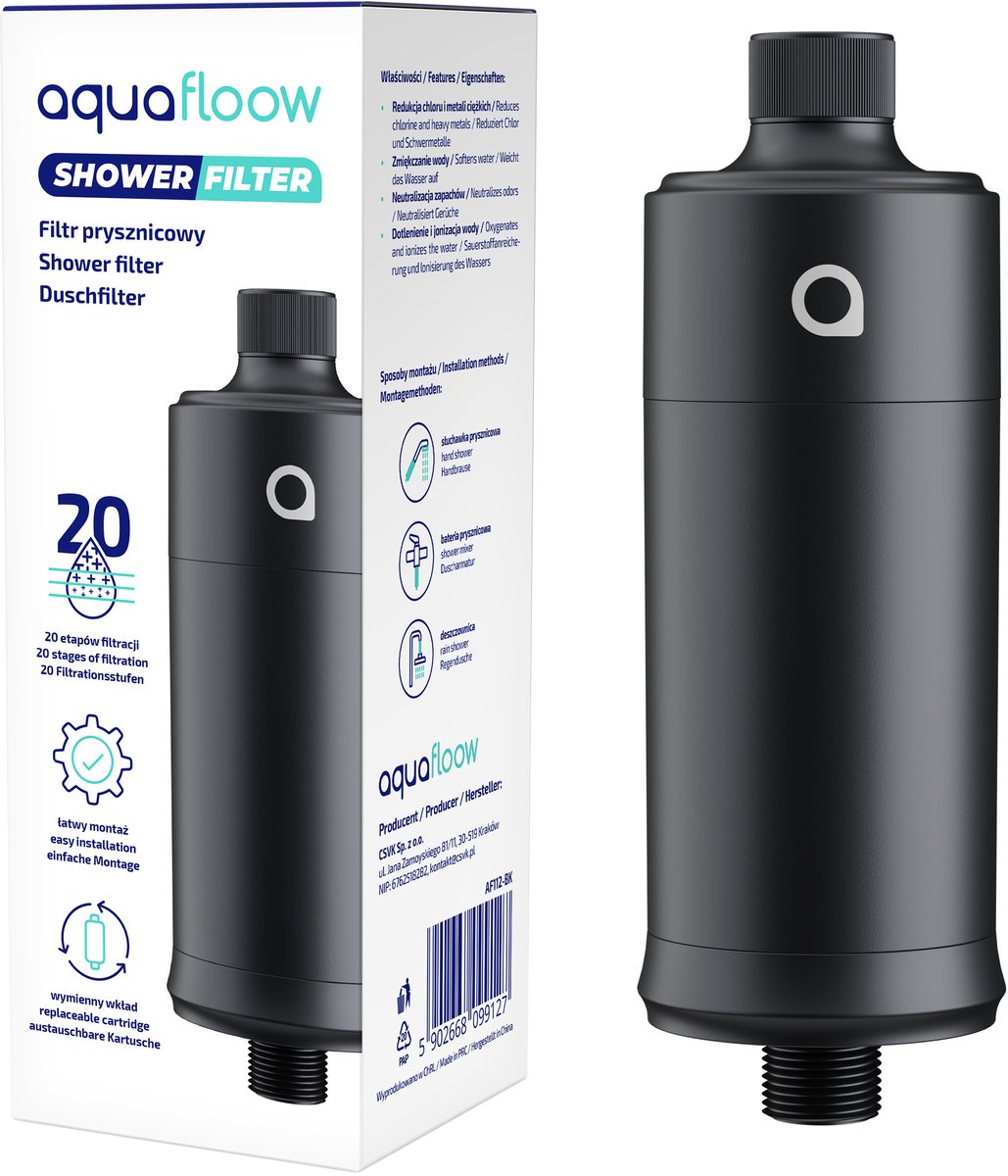 Aquafloow Douchefilter – 20 Lagen Waterfilter voor Douchekop – Verwijdert Zware Metalen, Chloor en Antikalk – Verbeterde Waterkwaliteit – Matzwart