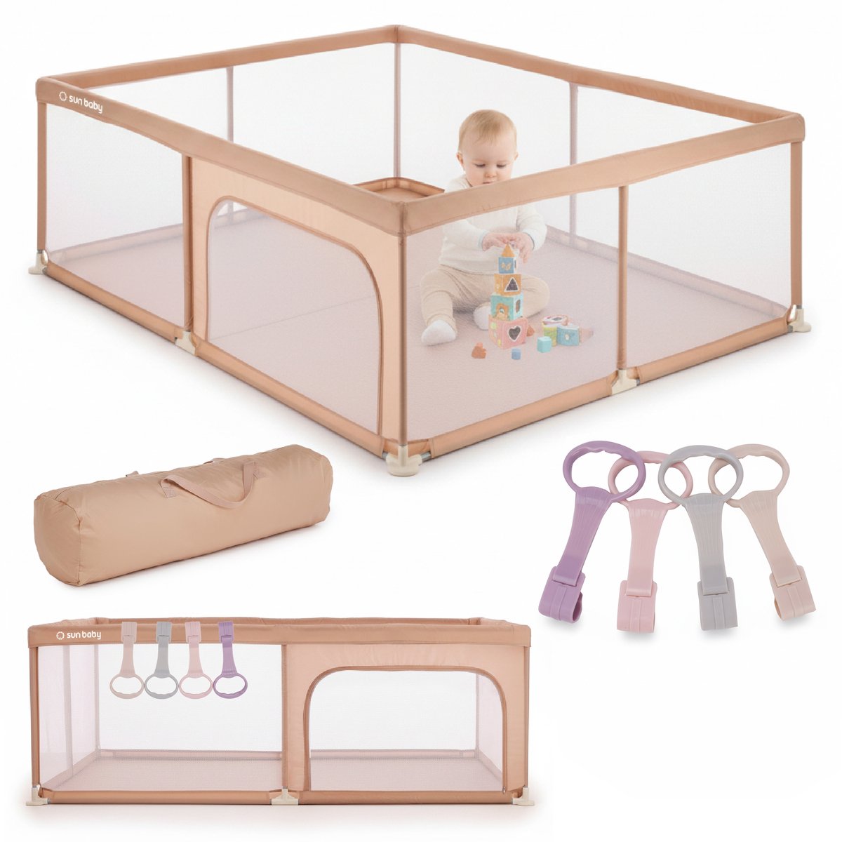 sun baby Kinderbox met roze handvat 150x200 cm 0-2 jaar Zalm, polyester, netwanden, ingang met rits, antislipvoetjes, draagtas inbegrepen, metalen frame