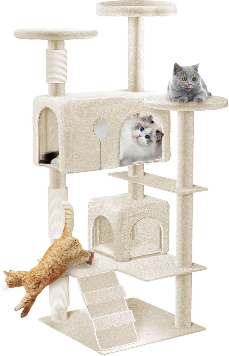 ACXIN Krabpaal 130 cm - met Kattenhuis en Sisalpalen, Beige