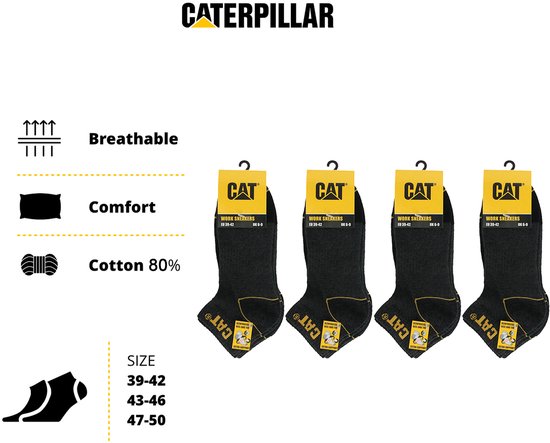Zwarte korte werksokken van Caterpillar, 80% katoen, met logo en maten EU 39-42, UK 6-9. Verpakt per 4.