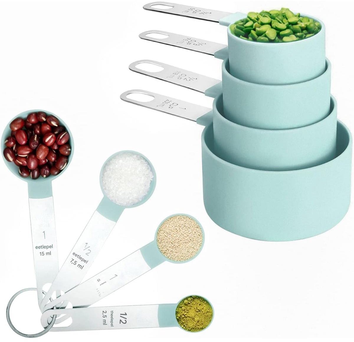GELLDG Muntgroene Praktische Maatlepel Set - Maatbekers en -lepels set - Stapelbare maatbekers en -lepels - met roestvrijstalen handgrepen - Geschikt voor bakken, koken en koffiezetten - Geschikt voor Precies Wegen en - Blauw - 8-delige set
