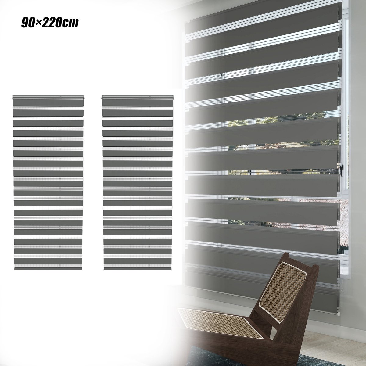 Aufun 2 Stuks Dubbele Verduisterende Rolgordijnen - Grijs 90x220cm - Clipmontage, Boren Niet Nodig, Eenvoudig Te installeren - Geschikt Voor Ramen En Balkondeuren